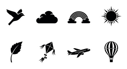 Black silhouette icons of a bird, cloud, rainbow, sun, leaf, kite, airplane, and hot air balloon, representing various elements of nature and travel.