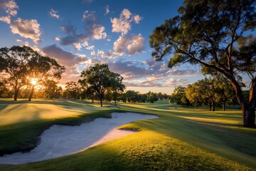 Fototapeta premium Sunset over a peaceful golf course with sand traps and vibrant trees in the background