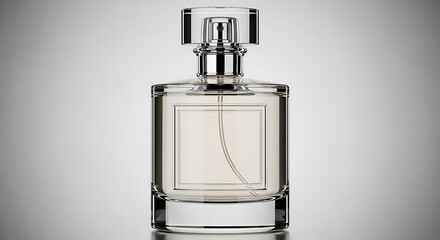 Unbranded perfume bottle with transparent glass and blank label space, elegant minimal design for product display
