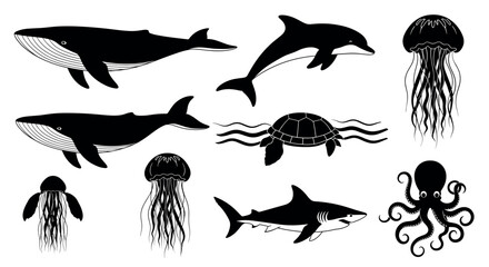 Black silhouette illustrations of marine animals including whales, a dolphin, a turtle, jellyfish, a shark, and an octopus.