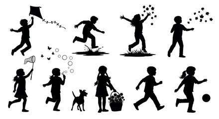 Black silhouettes of children and a dog playing outdoors, flying kites, running, and blowing bubbles, capturing joy and playfulness.