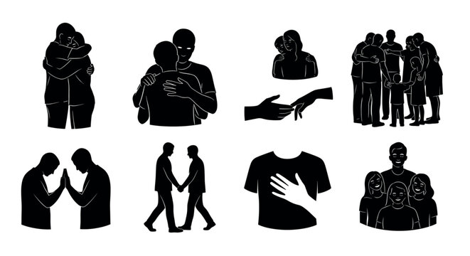 Black outline icons depicting various heartfelt gestures, including hugging, handholding, supporting, greeting, and consoling within diverse interpersonal interactions.
