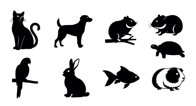 Silhouettes of various pets including a cat, dog, hamster, turtle, parrot, rabbit, fish, and guinea pig arranged in a grid pattern.