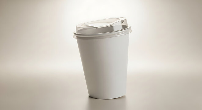 Blank paper coffee cup with plastic lid, isolated on soft gradient background, ideal for café brand design mockup