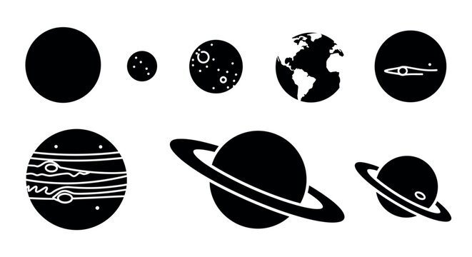 Simple black silhouette icons of planets in various sizes, including earth, with saturn featuring its distinctive rings, displayed in a linear arrangement.