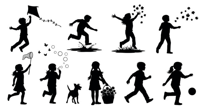 Black silhouettes of children and a dog playing outdoors, flying kites, running, and blowing bubbles, capturing joy and playfulness.