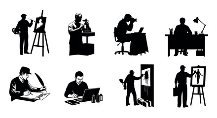 Eight black silhouette figures of various professionals, including artists, sculptors, photographers, and writers, depicting creative occupations in a minimalist style.
