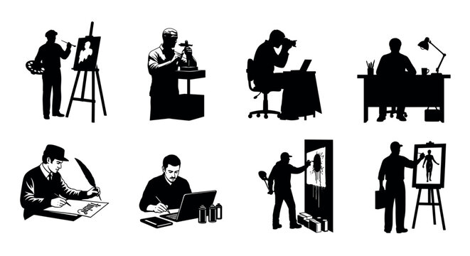 Eight black silhouette figures of various professionals, including artists, sculptors, photographers, and writers, depicting creative occupations in a minimalist style.