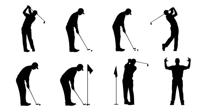 Silhouettes of a male golfer in various action poses while playing golf, including putting, swinging, and celebrating a shot.