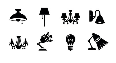 Black silhouettes of various lighting fixtures, including chandeliers, floor lamp, wall sconce, spotlight, and table lamp with a bulb illustration.