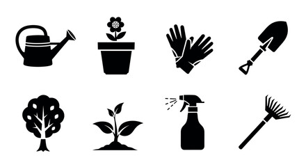 Black silhouette icons of gardening tools and plants including a watering can, potted flower, gloves, shovel, tree, sprout, spray bottle, and rake.
