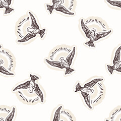 Christian holy dove hand drawn seamless vector pattern. Religious home decor background for sunday school bible study motif. Reflection candle symbol all over print. 