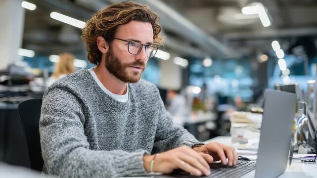 Concentrated Work: A focused man immersed in his work, deeply engaged with his laptop, demonstrating a powerful sense of concentration in a modern office.