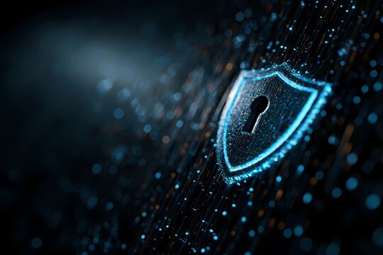 Digital security wall with a shield symbol and keyhole glowing softly in a dark, data-driven environment