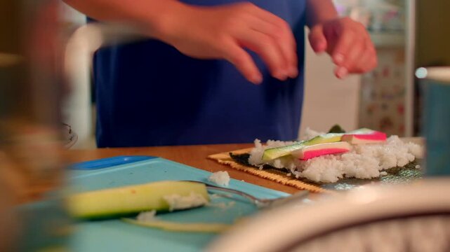 Preparing sushi with fresh ingredients, Measuring and arranging seafood and vegetables on rice sheets