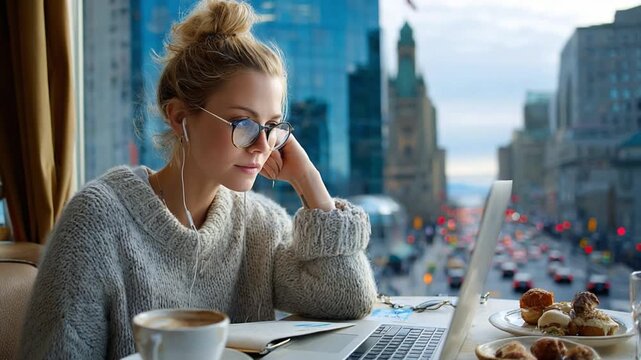 Urban Workday: A woman engrossed in her work on a laptop by a window, the city's pulse visible, enjoying a cup of coffee and snacks.