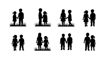 Black silhouette illustrations of young caucasian children holding hands in various outdoor poses, showcasing friendship and connection.