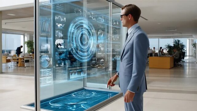Vision of the Future: An individual stands confidently, interacting with an innovative transparent display, symbolizing forward-thinking ideas and groundbreaking technologies.