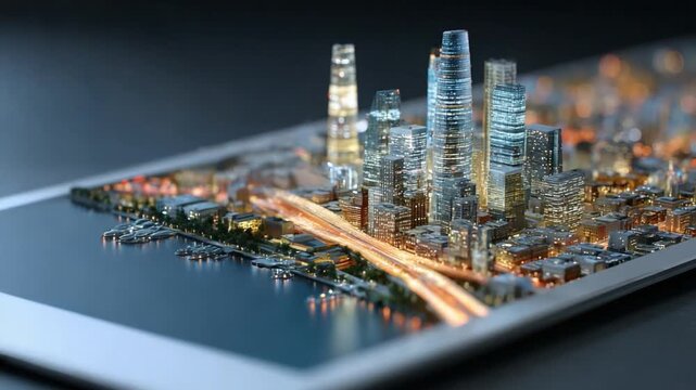Cityscape in Miniature: A futuristic urban landscape, a microcosm of innovation and connectivity, is vividly displayed on a sleek digital tablet.