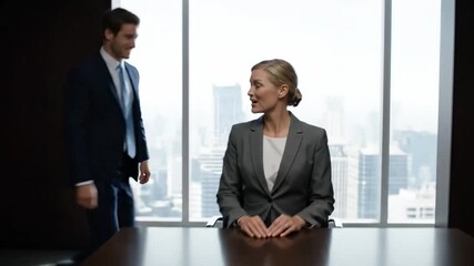 An employee does a funny dance after a successful meeting, making his manager laugh, showcasing a positive corporate culture.