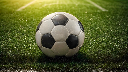 Fototapeta premium Soccer ball sitting on the grass in a natural stadium environment with visible sunlight creating realistic setting suitable for team training, match play, and leisure sports activities