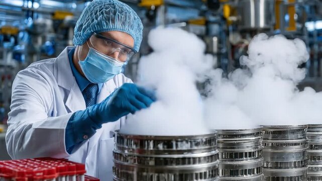 Science in the Lab: A focused scientist, shielded in a gown, mask, and glasses, intently examines the bubbling essence within laboratory apparatus, surrounded by scientific instruments.
