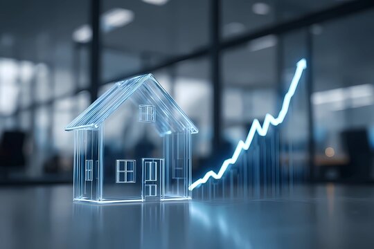 Transparent house model with upward graph representing real estate market growth during business hours