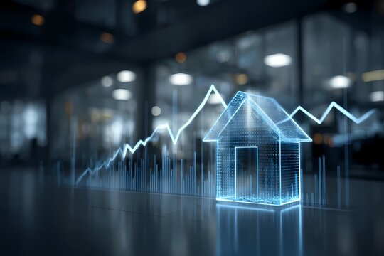 3D digital house model overlaid on financial growth charts in a modern office setting