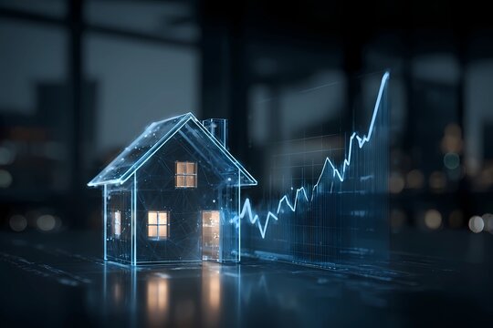 Digital house model displays growth trend in real estate market at night