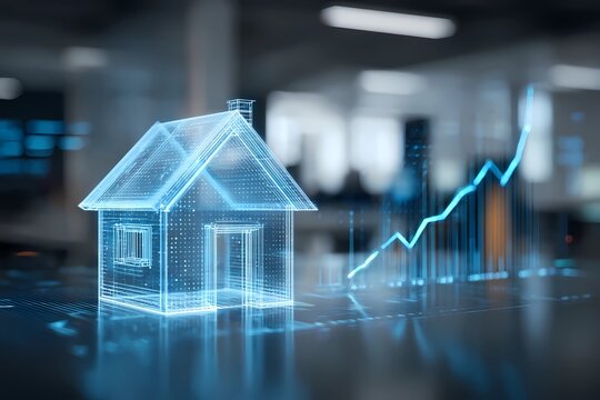 Digital representation of home with growth chart showing real estate market trends and analytics - Powered by Adobe