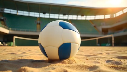 White and blue soccer ball sitting on the sand in an outdoor sports environment suitable for beach soccer practice, training, and competitive match play