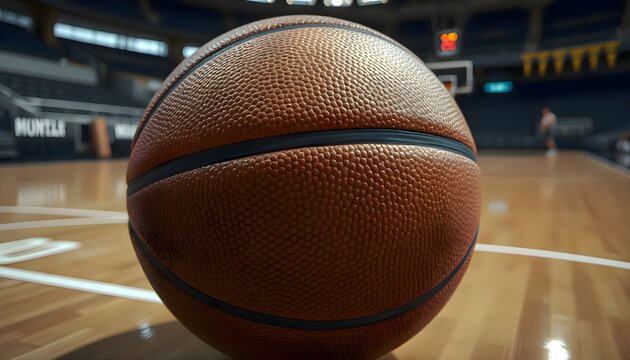 Basketball ball on a court with realistic indoor environment suitable for competitive game, team play, and sports photography activities during match play