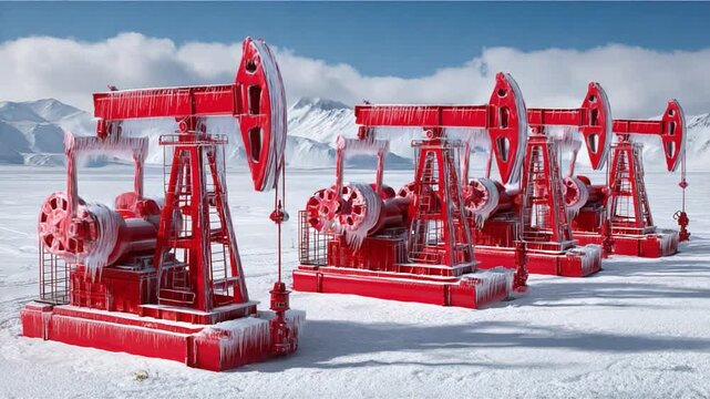Red Pumpjacks in Icy Landscape: A row of vibrant red pumpjacks stands tall against a stark, snow-covered landscape, a symbol of industry thriving amidst the cold beauty of nature.
