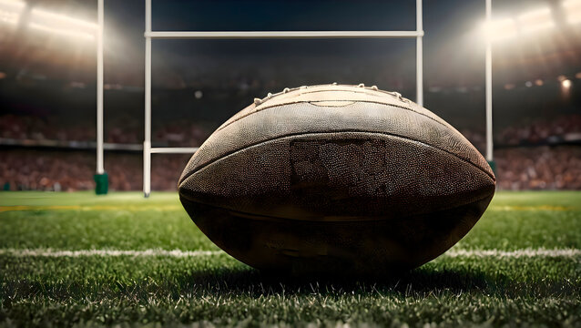 Rugby ball on the field with a goal in the background with realistic green grass and outdoor stadium environment suitable for team training, match play, and sports photography - Powered by Adobe