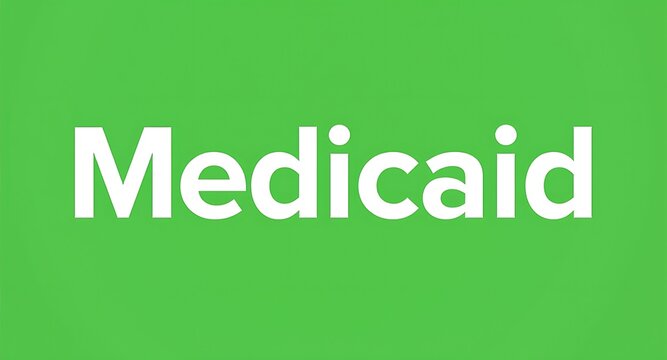 Bold white 'Medicaid' text prominently displayed on a vibrant green background, conveying health program information.