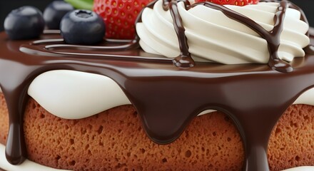 Close-up 3D rendering of a decadent dessert with realistic textures, frosting, and chocolate drips.