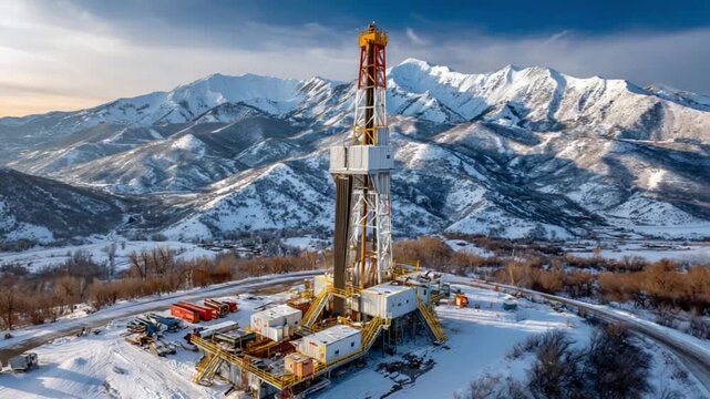 Industrial Panorama: An imposing oil rig stands tall amidst a stark, snow-covered landscape, the rugged mountains adding a majestic backdrop to the scene.