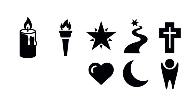 A collection of black silhouette symbols including a candle, torch, star, winding path, cross, heart, crescent moon, and abstract figure with raised arms. - Powered by Adobe