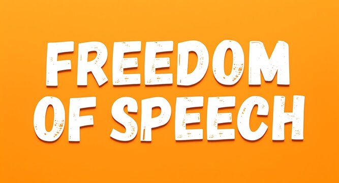 Bold white "FREEDOM OF SPEECH" text pops against vibrant orange background