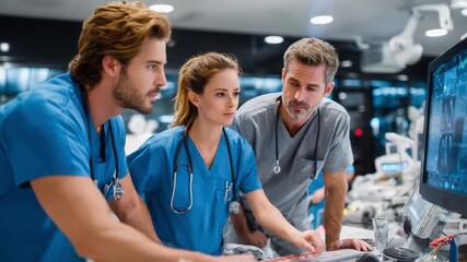 Medical Professionals Focused: A team of dedicated medical professionals collaborates intently, their faces illuminated by the glow of a computer screen, symbolizing precision, teamwork. - Powered by Adobe
