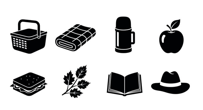 Black silhouette icons of outdoor essentials, including a picnic basket, blanket, thermos, apple, sandwich, leaf, open book, and hat arranged in two rows.