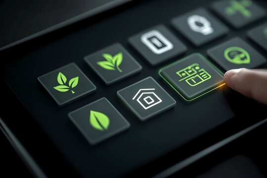 Digital buttons for eco-friendly options with a hand poised to select a home symbol