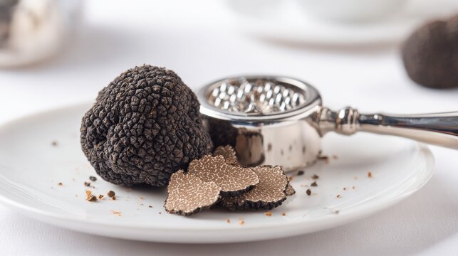 Whole black truffle with sliced pieces and grater on white plate showcasing premium gourmet fungus used in fine dining and luxury cuisine preparations