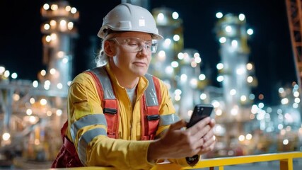 Tech-Savvy Technician in an Industrial Setting: A dedicated technician, adorned in safety attire, utilizes a smartphone to monitor intricate industrial machinery.