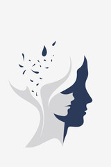 Minimalist abstract illustration of two overlapping female faces with flowing shapes and leaves, symbolizing psychology, duality, self-awareness, and emotional balance.