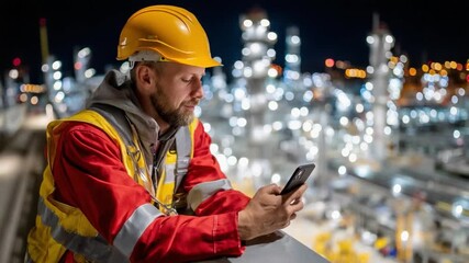 Night Shift: A dedicated worker, adorned in safety gear, intently uses a phone at a modern industrial site under a starlit night. Capturing dedication and cutting-edge work at modern facility.