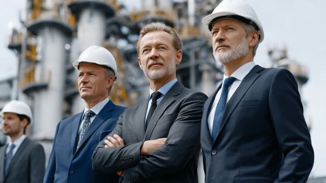 Visionary Leaders: A group of confident professionals stand united in their field, overseeing a industrial complex, embodying expertise and determination in their respective domain.