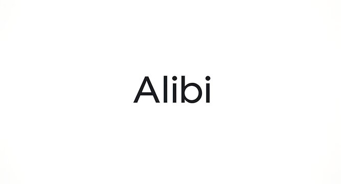 Bold 'Alibi' text on clean white background offers modern branding and conceptual design possibilities.