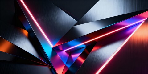 Abstract futuristic background with geometric metal shapes. Red and blue neon lights on a dark brushed metallic surface. Modern technology and gaming wallpaper