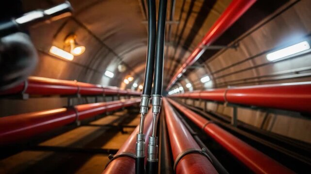 Red pipes inside tunnel present a fascinating network for utilities and infrastructure, forming an industrial arteries system. Red pipes create a striking pattern